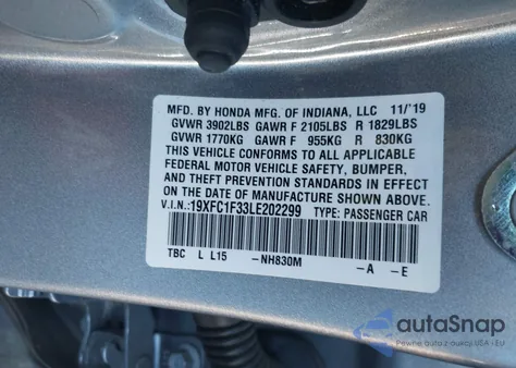 2020 Honda Civic Ex from USA, damaged, VIN 19XFC1F33LE202299